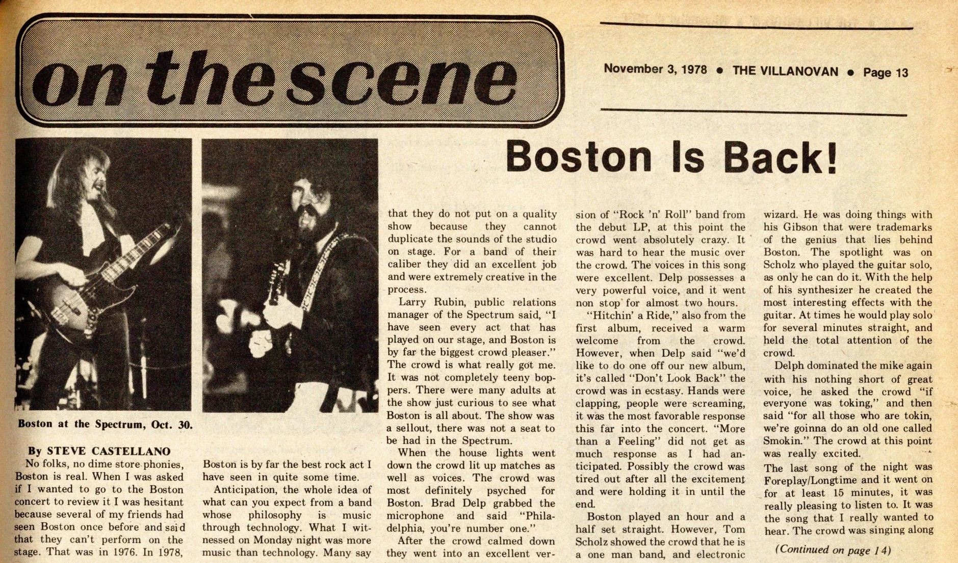 Newspaper page from November 3, 1978 with two live concert photos and a review headlined Boston Is Back.