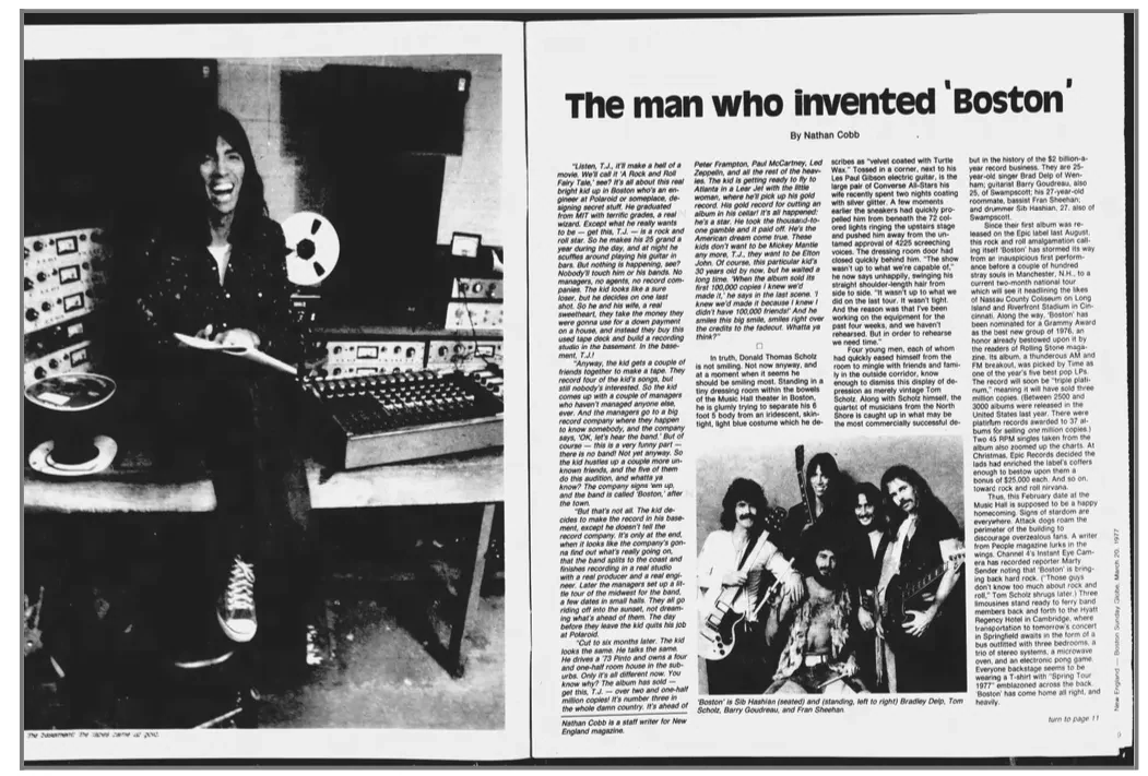 Two-page 1977 magazine spread about Tom Scholz, with a basement studio photo and a group photo of the band Boston.