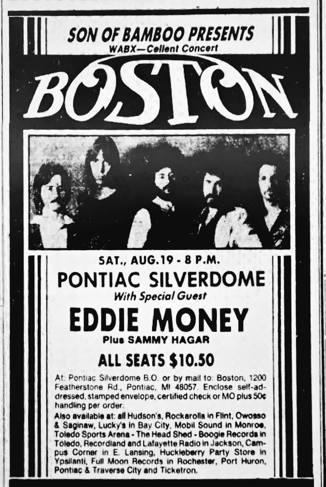 Newspaper advertisement for a Boston concert at the Pontiac Silverdome with Eddie Money and Sammy Hagar.