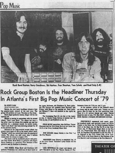 Newspaper pop music page with a group photo of Boston and a preview of the band's Atlanta concert.